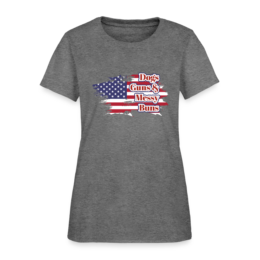 Women's T-Shirt - Dogs, Guns & Messy Buns - graphite heather
