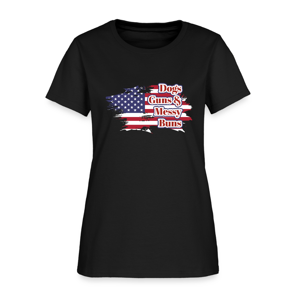 Women's T-Shirt - Dogs, Guns & Messy Buns - black