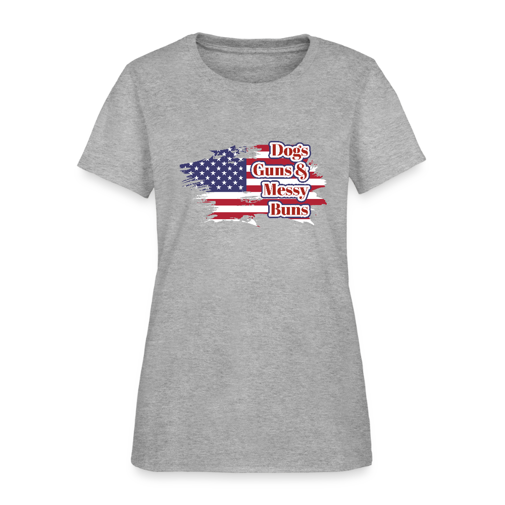 Women's T-Shirt - Dogs, Guns & Messy Buns - heather gray