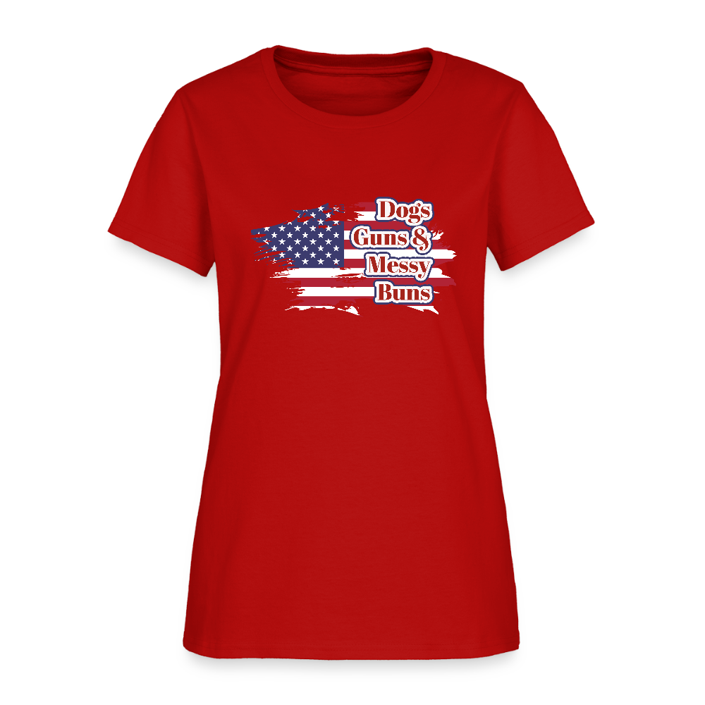 Women's T-Shirt - Dogs, Guns & Messy Buns - red