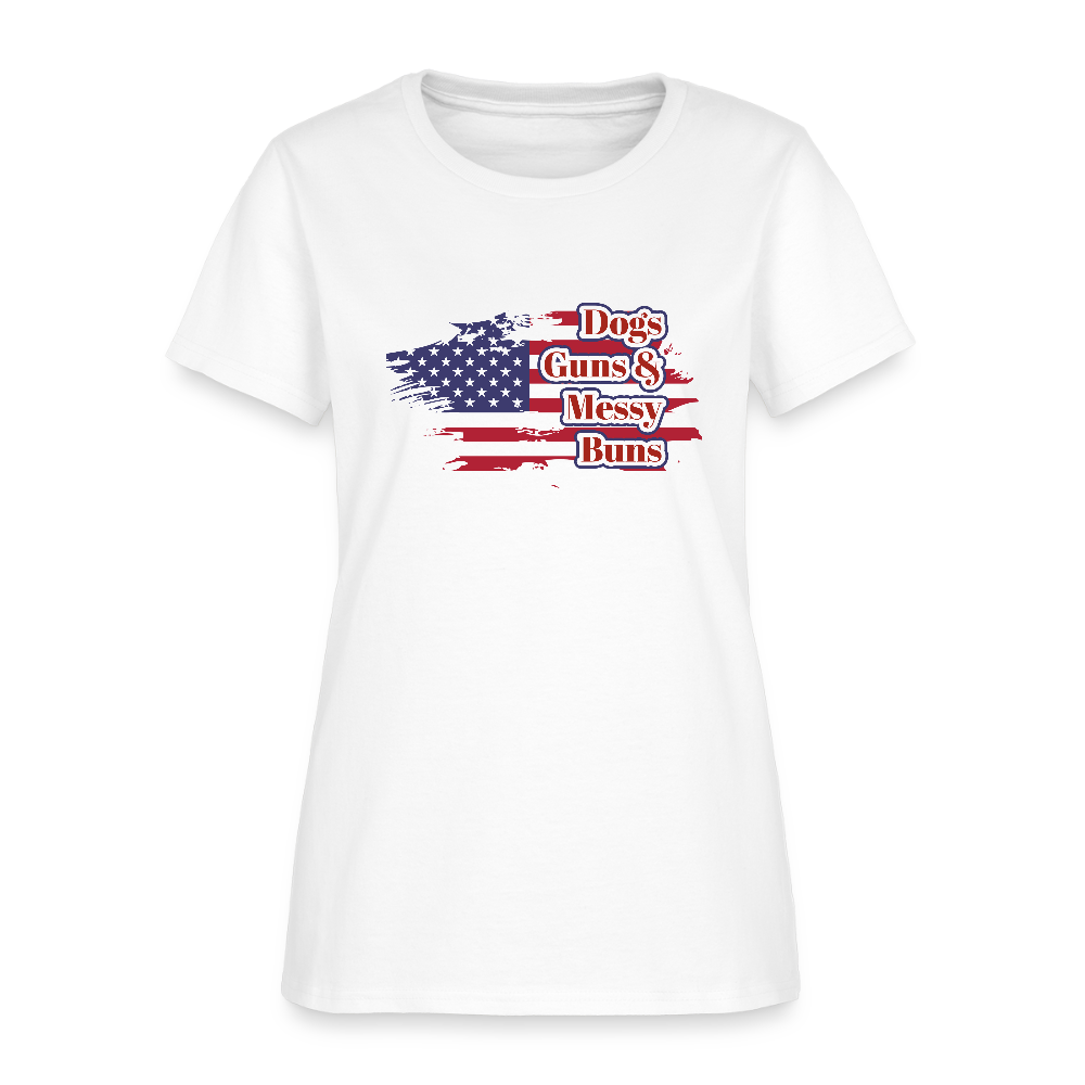 Women's T-Shirt - Dogs, Guns & Messy Buns - white